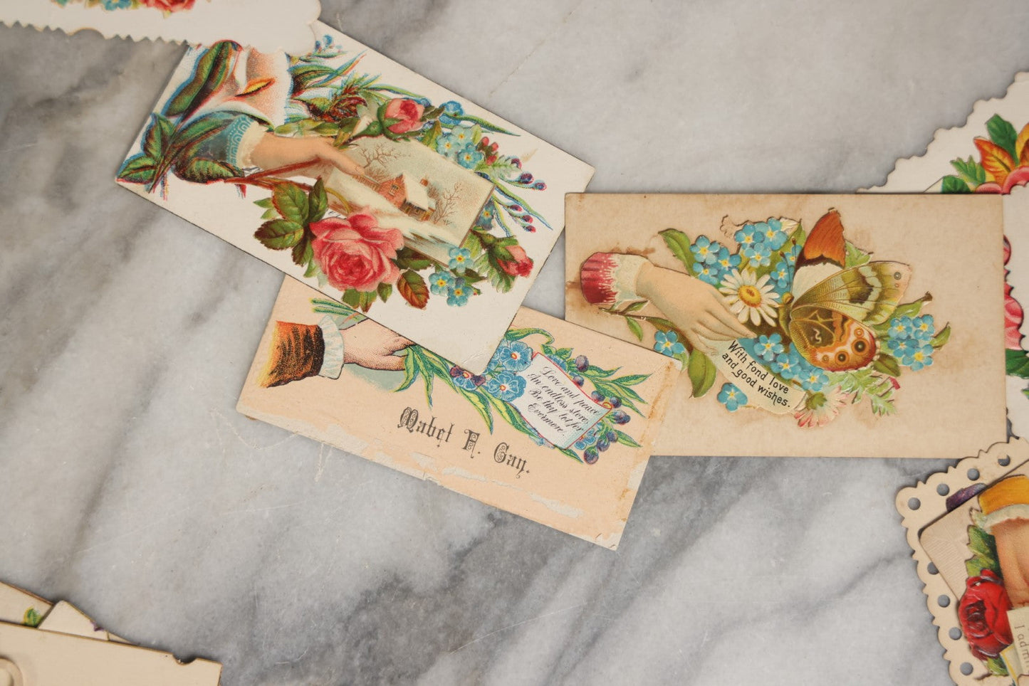 Lot 058 - Grouping Of 30+ Antique Victorian Hand Motif Calling Cards And Die Cuts, Victorian Scraps And More, With Flowers, Saying, And Names