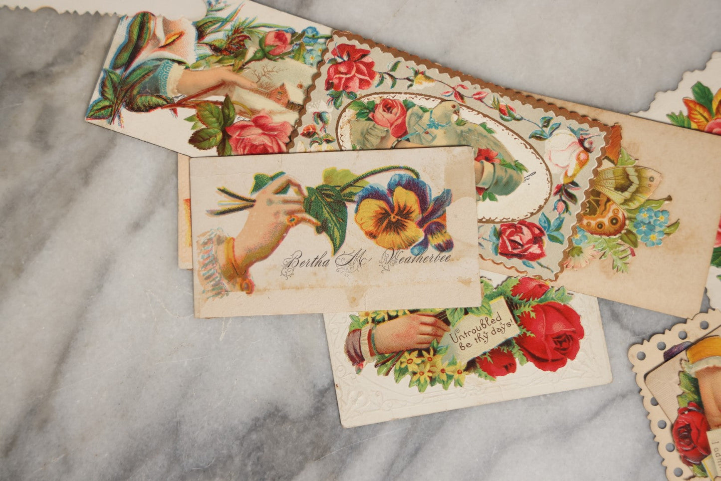 Lot 058 - Grouping Of 30+ Antique Victorian Hand Motif Calling Cards And Die Cuts, Victorian Scraps And More, With Flowers, Saying, And Names