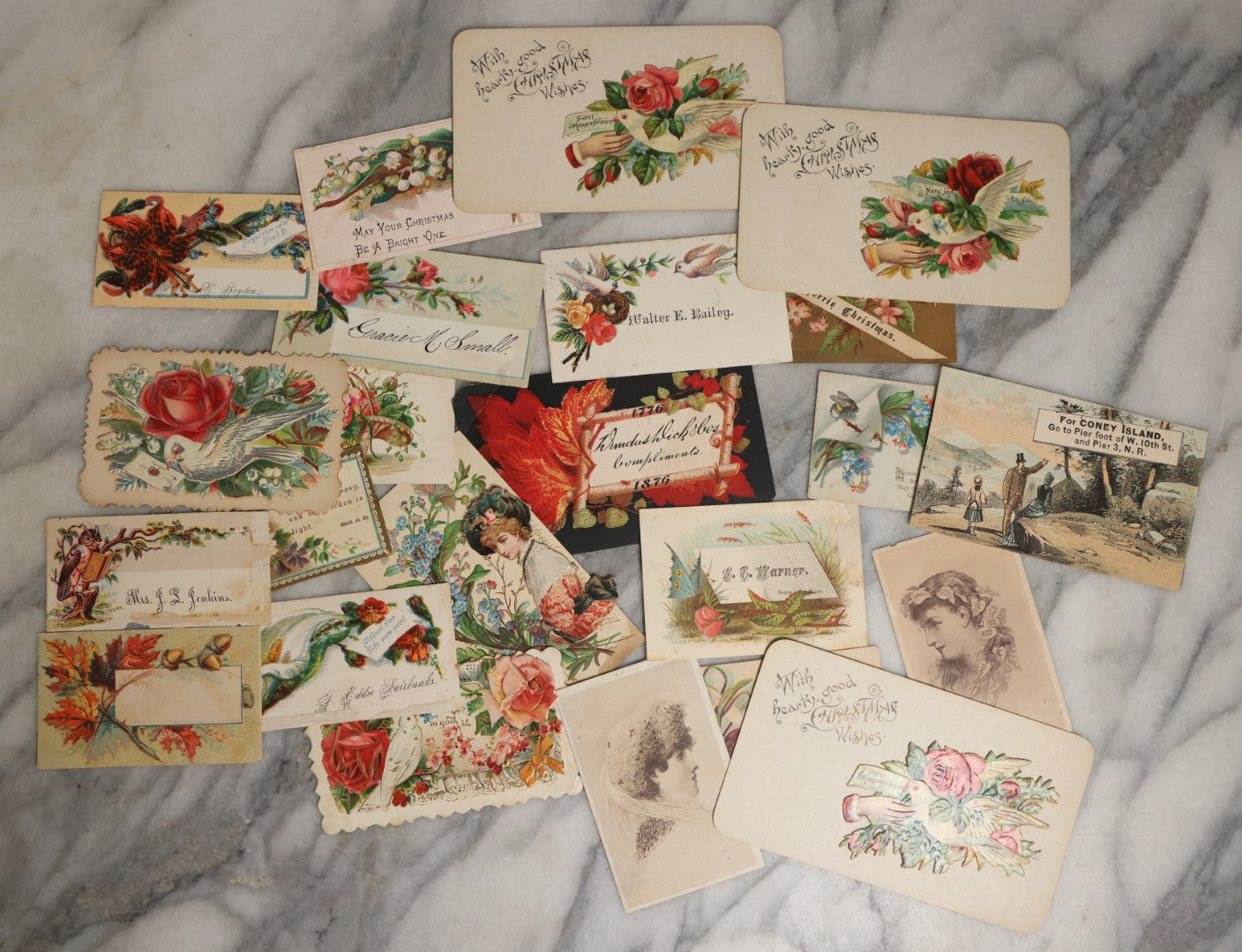 Lot 060 - Grouping Of 20+ Antique Victorian Calling Cards, Christmas Cards, And More, Including Coney Island Card