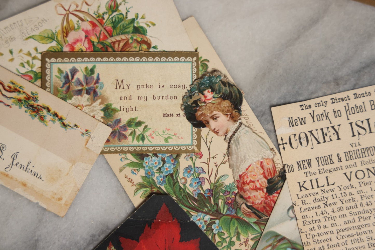 Lot 060 - Grouping Of 20+ Antique Victorian Calling Cards, Christmas Cards, And More, Including Coney Island Card