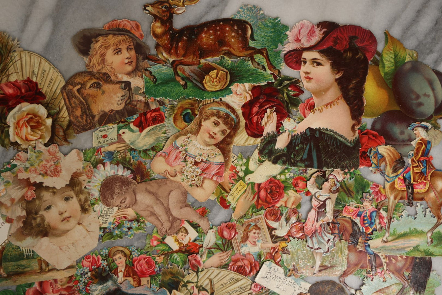 Lot 061 - Grouping Of 25+ Antique Victorian Die Cut Scraps Including Children, Women, Flowers, Dogs, Animals, And More