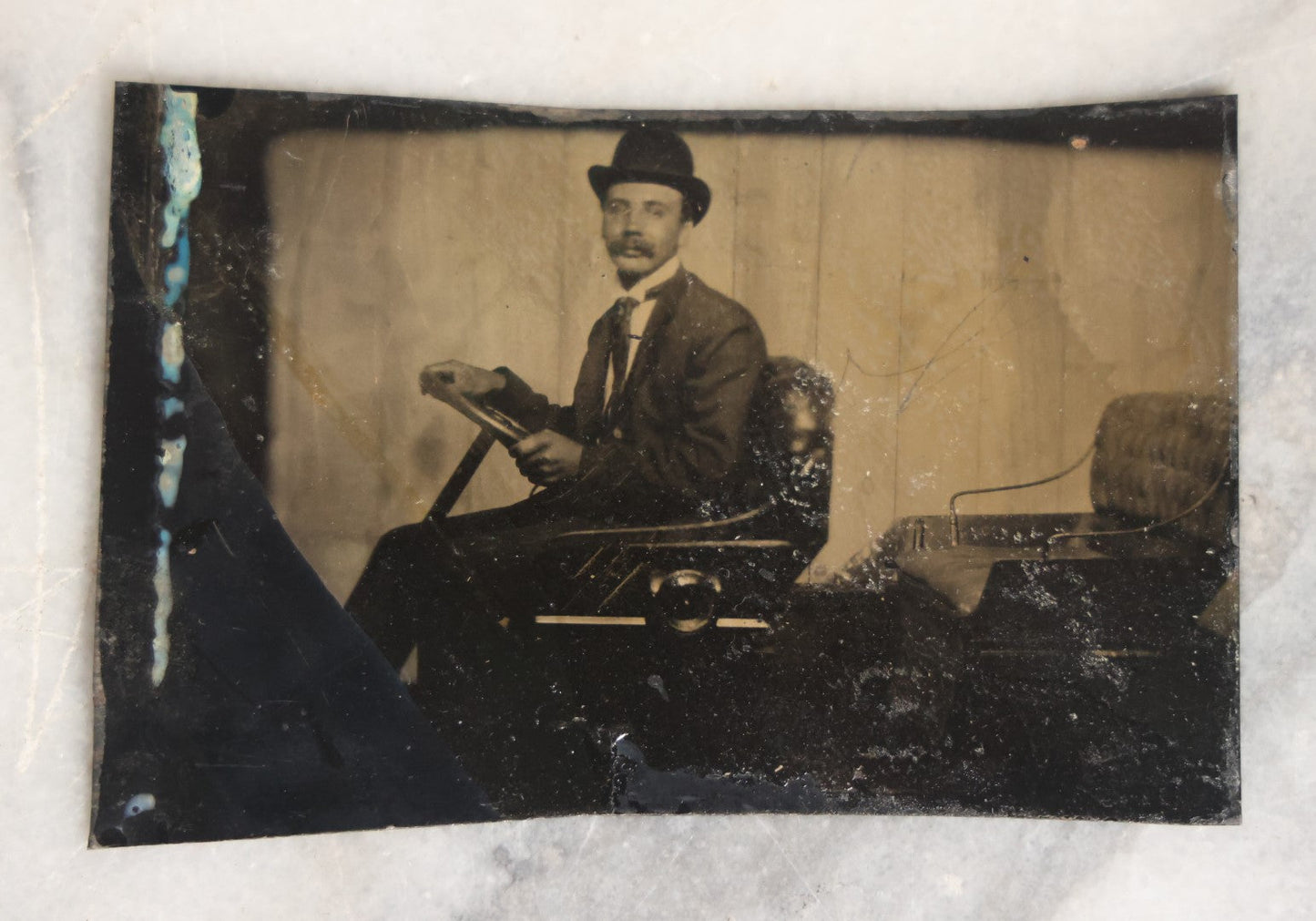 Lot 062 - Grouping Of Five Antique Tintype Photographs Of Men And Women Behind The Wheel Of Early Automobiles, Cars