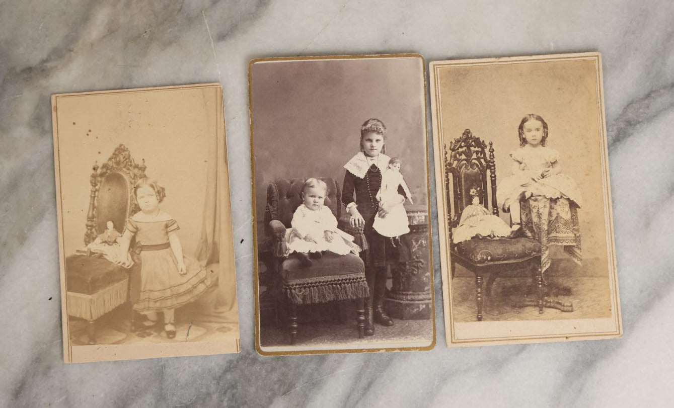 Lot 063 - Grouping Of Three Antique Carte De Visite C.D.V. Photos Of Children With Their Dolls, Photos From Massachusetts, New Hampshire, And Maryland