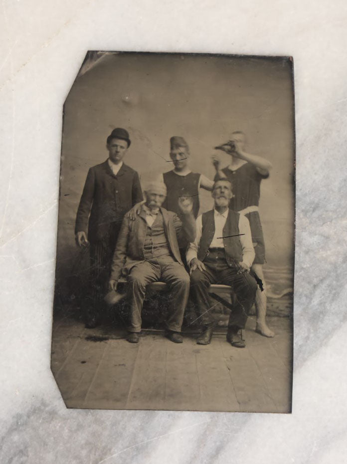 Lot 066 - Single Antique Tintype Photograph Of Five Men Goofing Off, Strange Dress