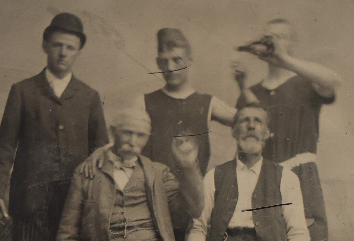 Lot 066 - Single Antique Tintype Photograph Of Five Men Goofing Off, Strange Dress