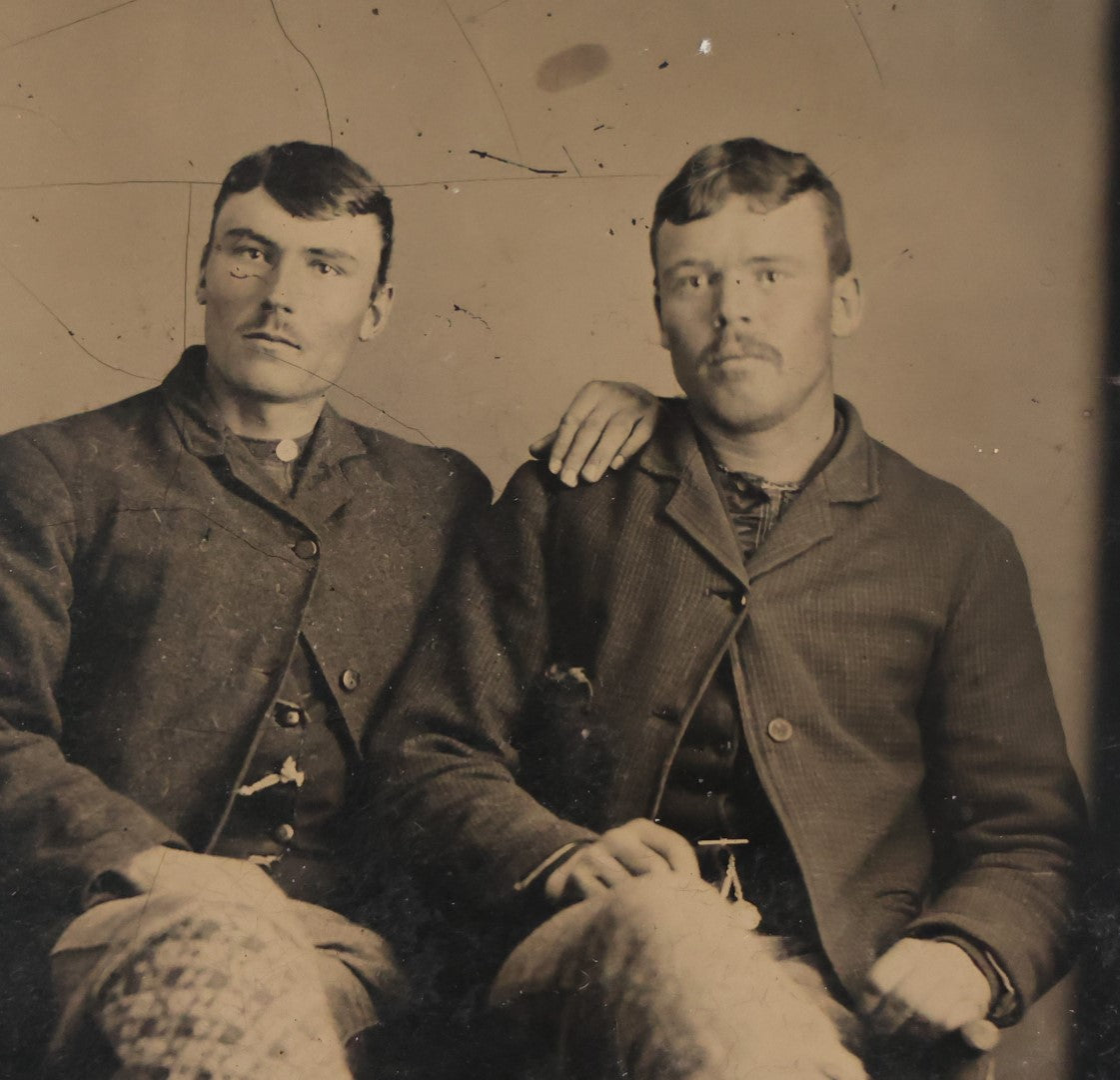 Lot 069 - Single Antique Tintype Photograph Of Two Men Posing In Embrace, Hand On Shoulder, Mustaches