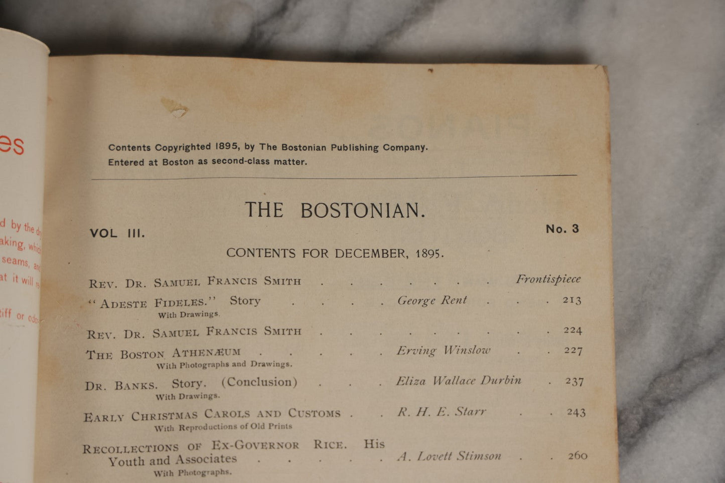 Lot 075 - Single Ephemera Piece, The Bostonian Magazine, Christmas Number 1895, Volume 3 Number 3,  With Various Stories, Advertisements