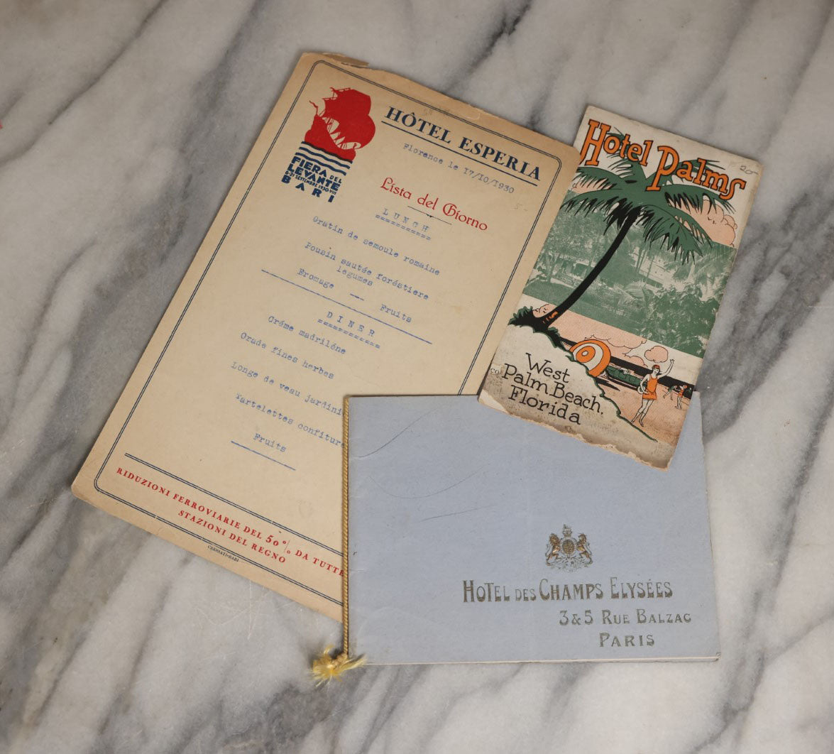 Lot 077 - Three Piece Ephemera Grouping, Advertising Scraps From Hotels Including Hotel Esperia, Italy, Hotel Palms, West Palm Beach Florida, And Hotel De Champs Elysees, Paris