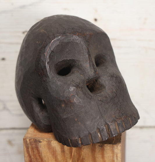 Lot 001 - Antique Folk Art Hand Carved Dark Wooden Skull, 4-1/2" x 6" x 5"