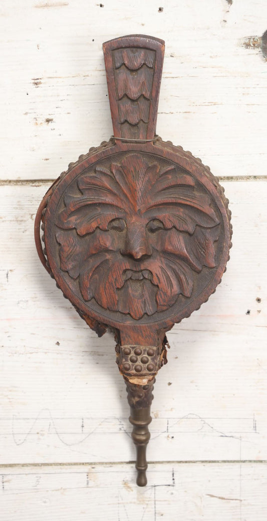 Lot 002 - Antique Decorative Carved Wooden Green Man Bellows, Non Functioning, For Display Only