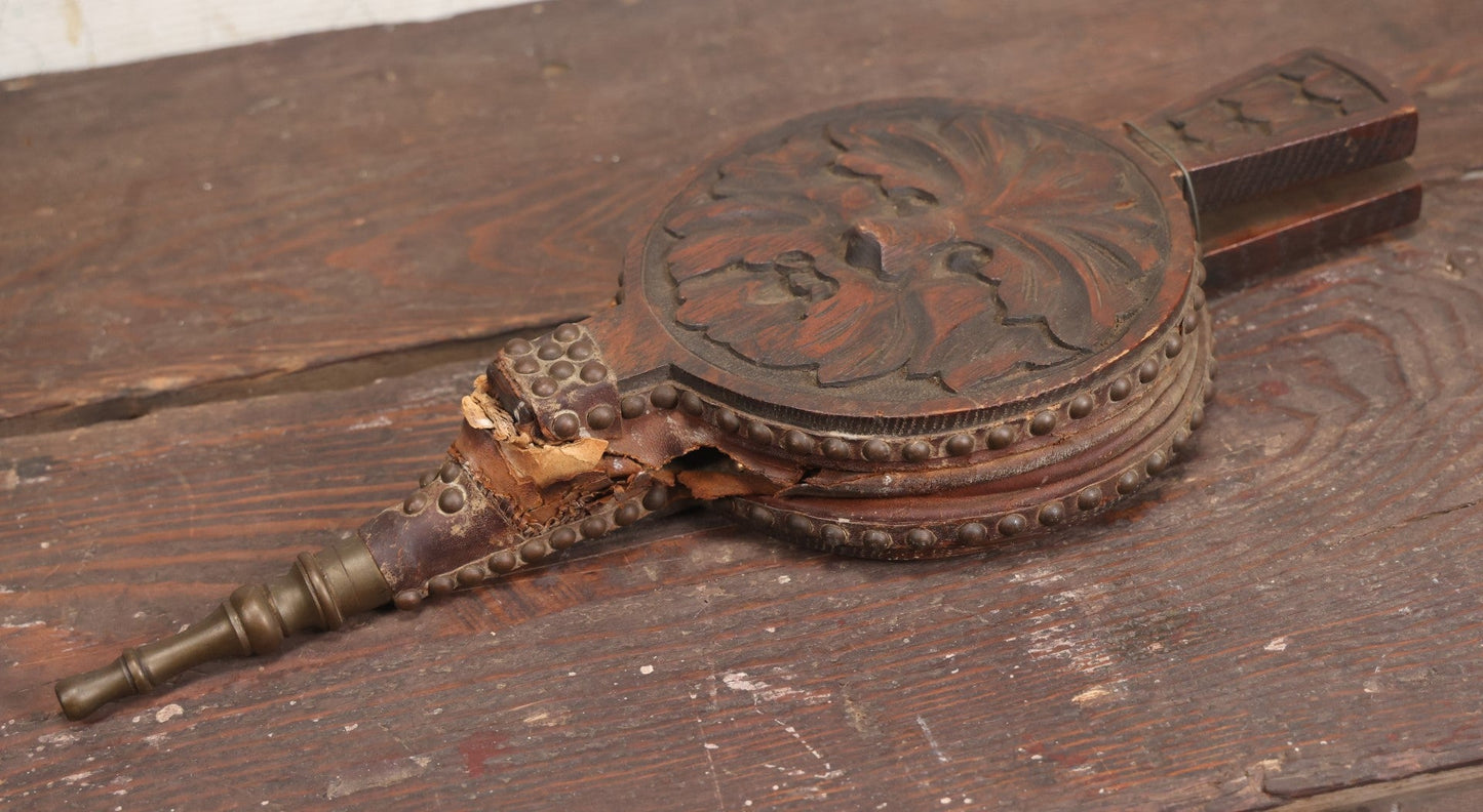 Lot 002 - Antique Decorative Carved Wooden Green Man Bellows, Non Functioning, For Display Only