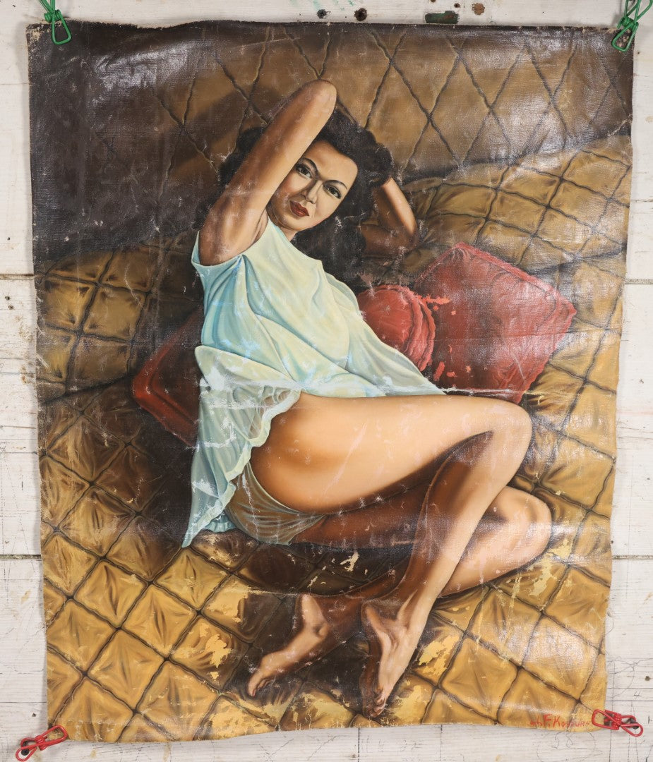 Lot 004 - Vintage Oil On Canvas Pin-Up Painting Of Woman In Night Gown On Bed, Artist Signed J.G. Kostura, Circa 1964, No Stretcher, Approximately 24" x 29"