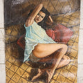 Lot 004 - Vintage Oil On Canvas Pin-Up Painting Of Woman In Night Gown On Bed, Artist Signed J.F. Kostura, Circa 1964, No Stretcher, Approximately 24" x 29"
