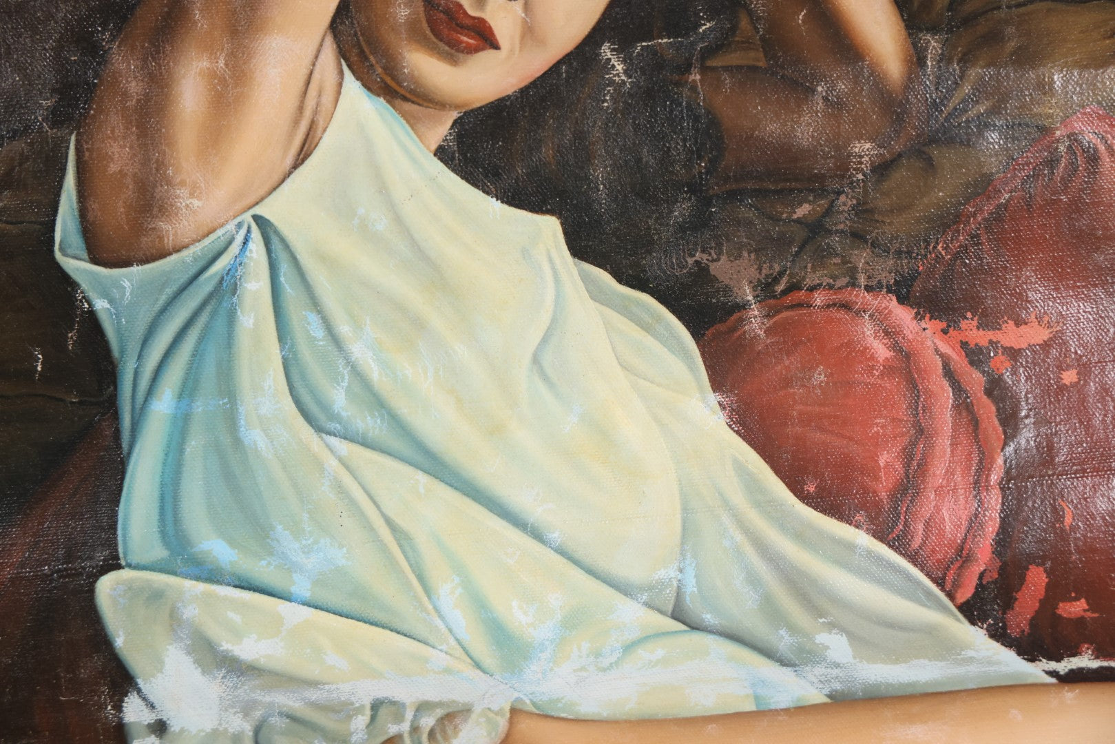 Lot 004 - Vintage Oil On Canvas Pin-Up Painting Of Woman In Night Gown On Bed, Artist Signed J.G. Kostura, Circa 1964, No Stretcher, Approximately 24" x 29"