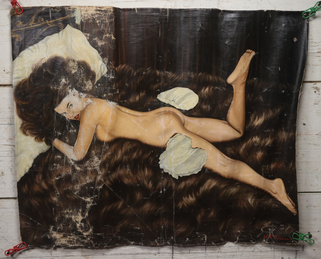 Lot 005 - Vintage Oil On Canvas Pin-Up Painting Of Fully Nude Woman Face Down On Bearskin Rug, Artist Signed J.G. Kostura, Circa 1964, No Stretcher, Approximately 29" x 24"