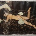 Lot 005 - Vintage Oil On Canvas Pin-Up Painting Of Fully Nude Woman Face Down On Bearskin Rug, Artist Signed J.F. Kostura, Circa 1964, No Stretcher, Approximately 29" x 24"