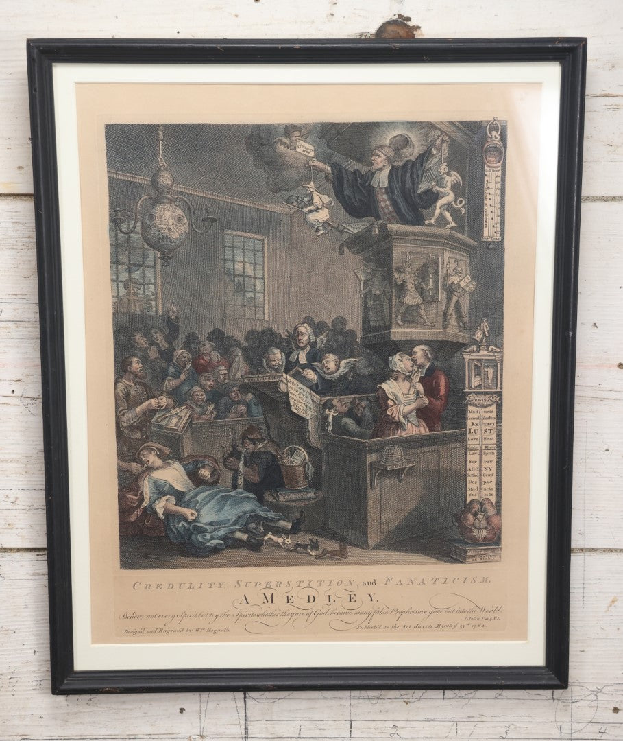 Lot 006 - Antique Hand Colored Engraving After William Hogarth (English, 1697-1764), Titled "Credulity, Superstition And Fanaticism" Featuring Witches, Devils, Spirits, Circa 19th Century