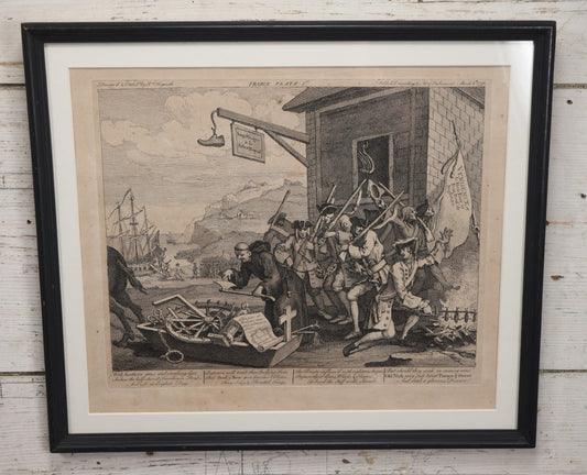 Lot 007 - Antique Engraving After William Hogarth (English, 1697-1764), Titled "The Invasion, Plate 1: France" Featuring Satirical Depiction Of French Soldiers