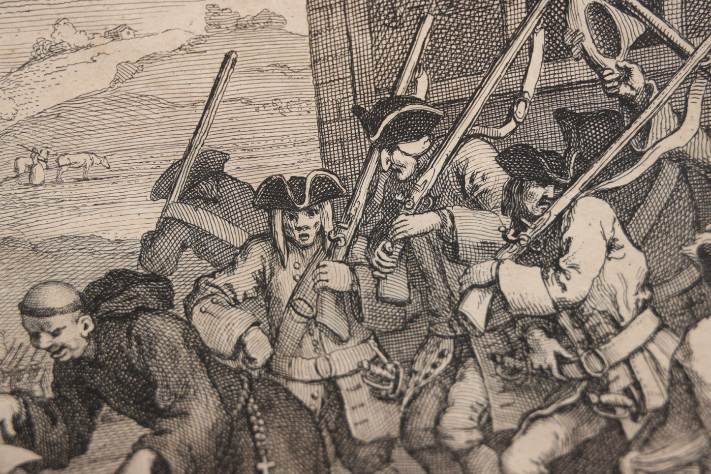 Lot 007 - Antique Engraving After William Hogarth (English, 1697-1764), Titled "The Invasion, Plate 1: France" Featuring Satirical Depiction Of French Soldiers