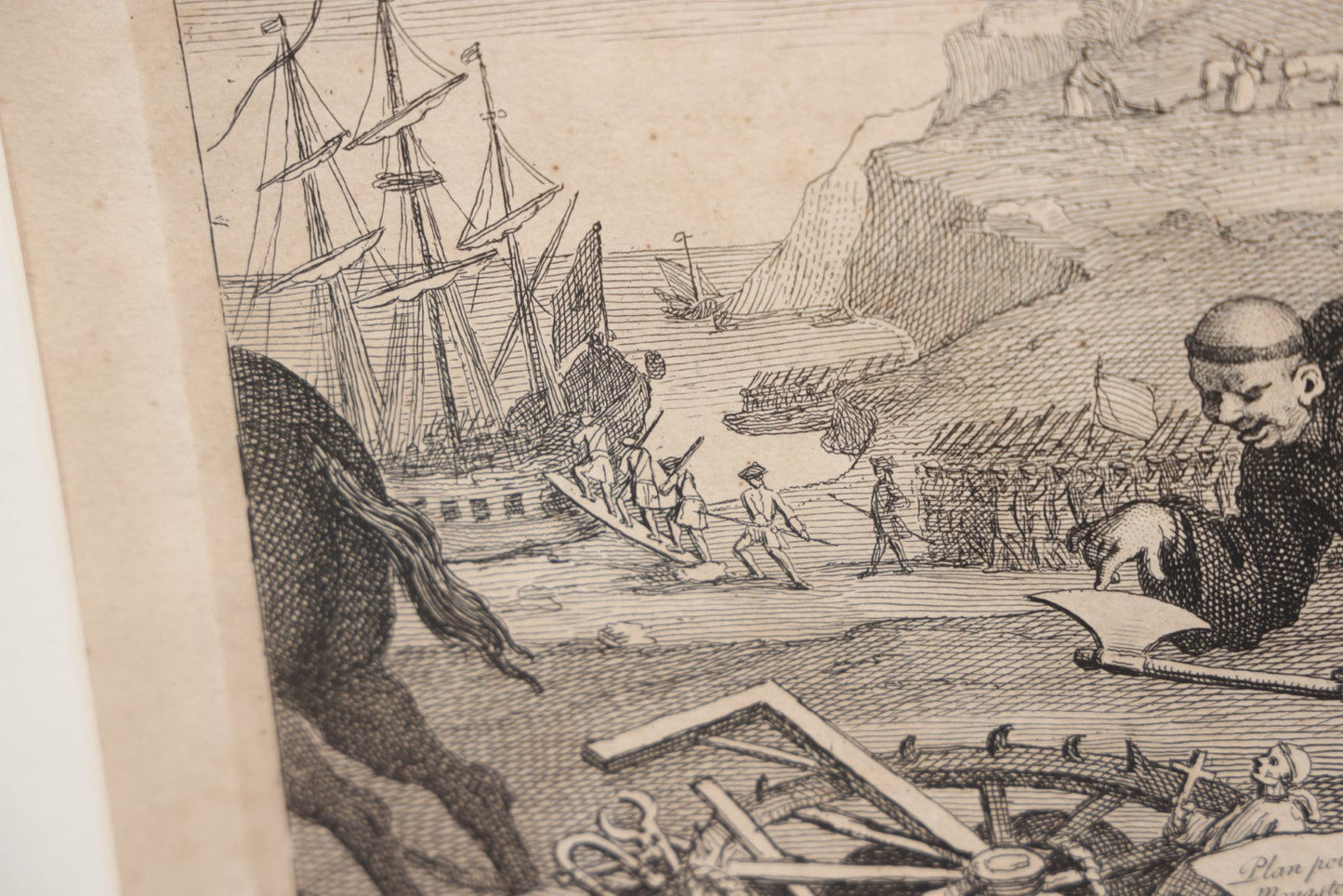 Lot 007 - Antique Engraving After William Hogarth (English, 1697-1764), Titled "The Invasion, Plate 1: France" Featuring Satirical Depiction Of French Soldiers