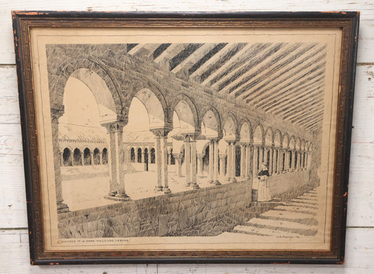 Lot 009 - Antique Pen And Ink Drawing Of The Cloister Of Basilica Of San Zeno, Verona, Italy, Artist Signed And Dated, G.E. Foster, 1896, Framed, 22-1/4" x 17-1/2"