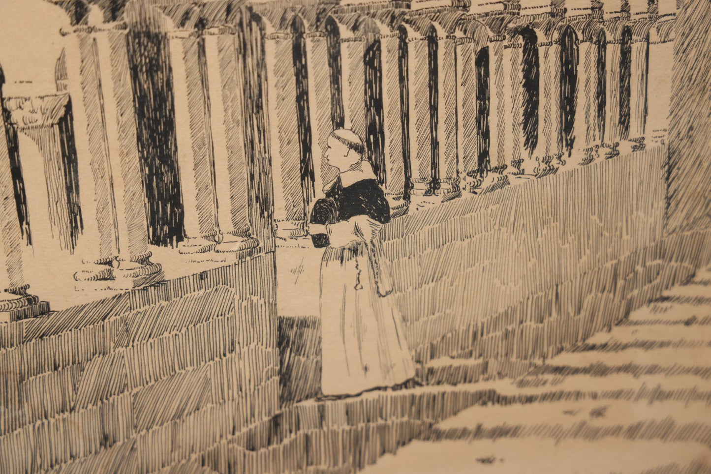 Lot 009 - Antique Pen And Ink Drawing Of The Cloister Of Basilica Of San Zeno, Verona, Italy, Artist Signed And Dated, G.E. Foster, 1896, Framed, 22-1/4" x 17-1/2"