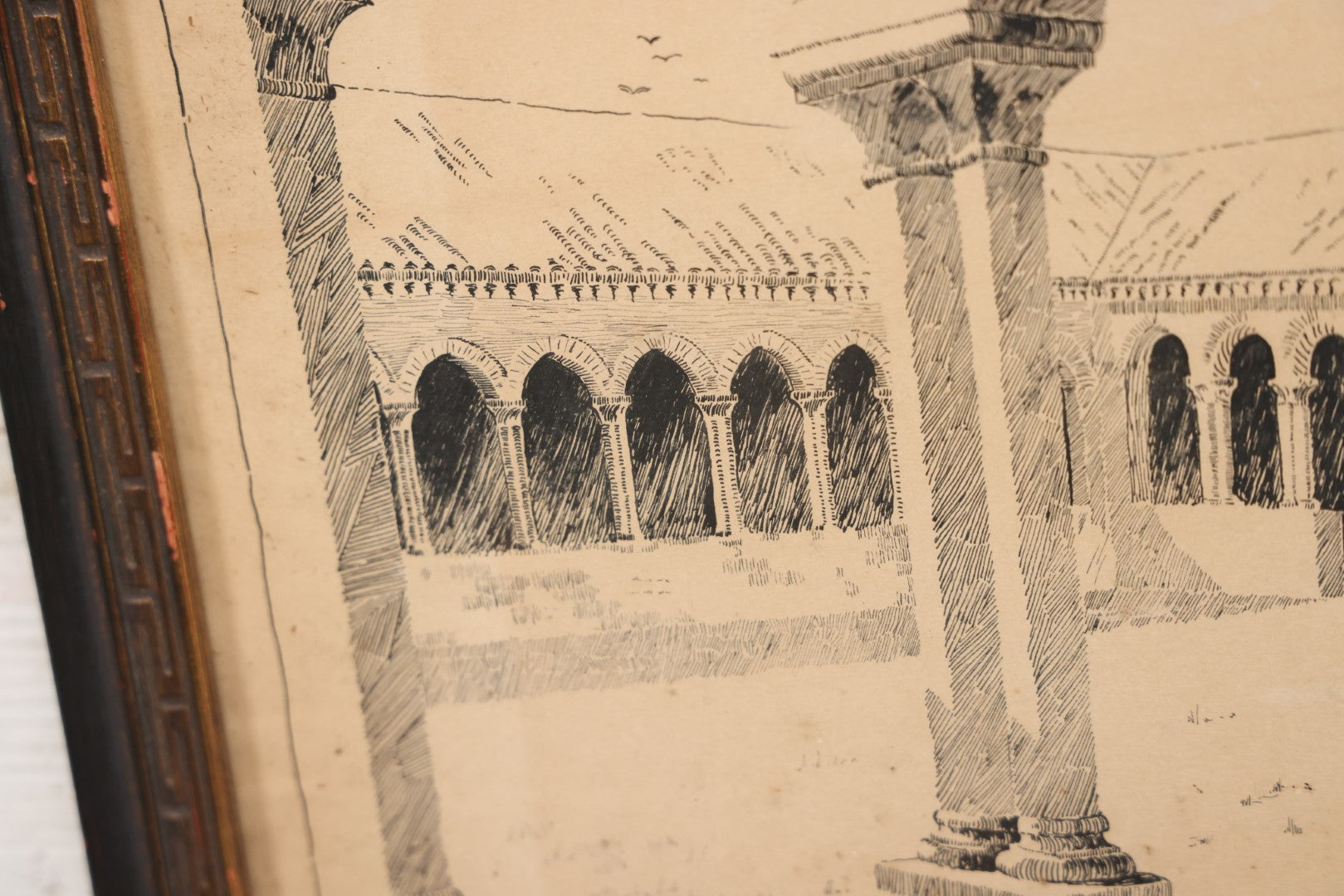 Lot 009 - Antique Pen And Ink Drawing Of The Cloister Of Basilica Of San Zeno, Verona, Italy, Artist Signed And Dated, G.E. Foster, 1896, Framed, 22-1/4" x 17-1/2"