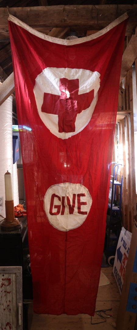 Lot 014 - Antique Approximately 8-Foot Tall Red Cross "Give" Vertical Hanging Banner Flag, 42" x 93", Circa World War One