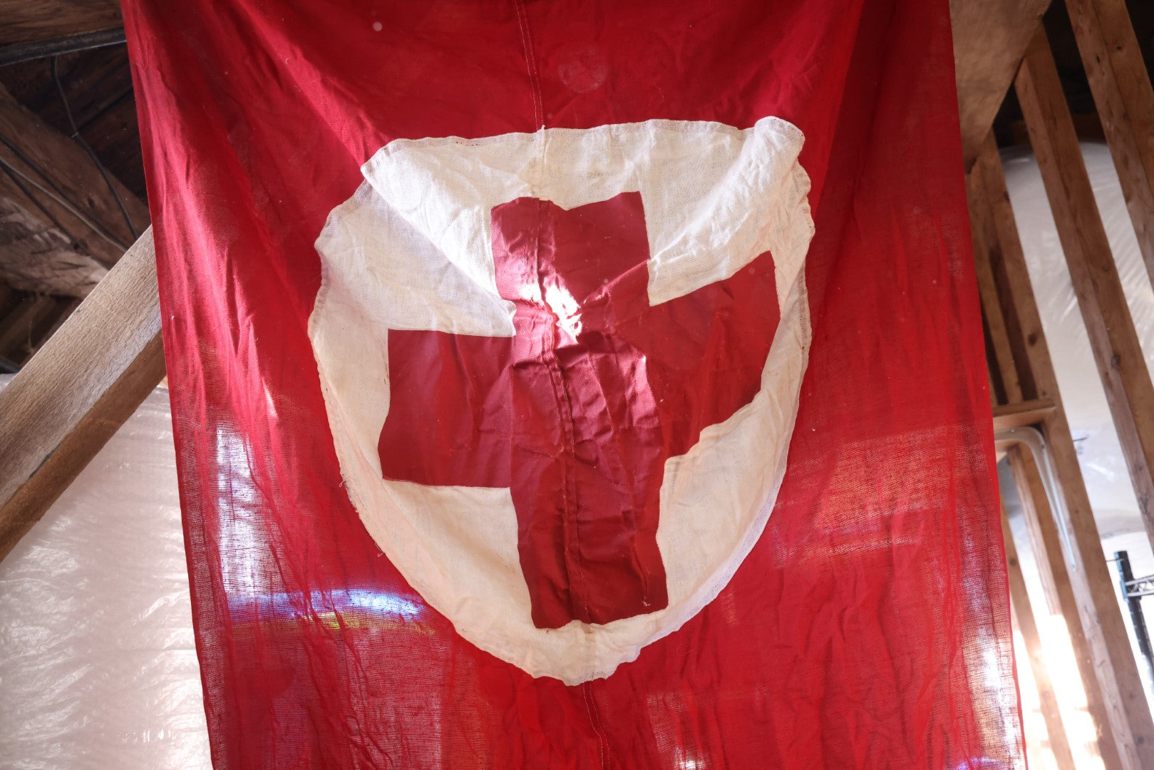 Lot 014 - Antique Approximately 8-Foot Tall Red Cross "Give" Vertical Hanging Banner Flag, 42" x 93", Circa World War One