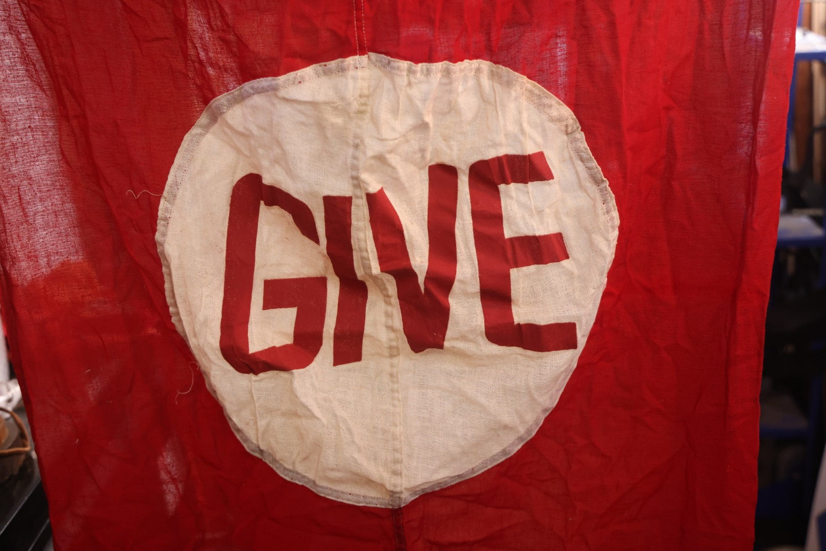 Lot 014 - Antique Approximately 8-Foot Tall Red Cross "Give" Vertical Hanging Banner Flag, 42" x 93", Circa World War One