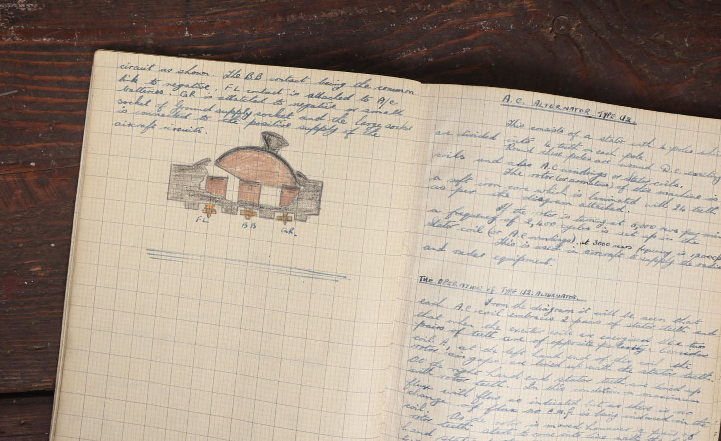 Lot 017 - Circa Post World War Two Vintage Handwritten, Hand Illustrated Documentation Relating To Aircraft, Bombs, And Munitions, Power Supplies, Etc.,, Air Mechanic Notebook