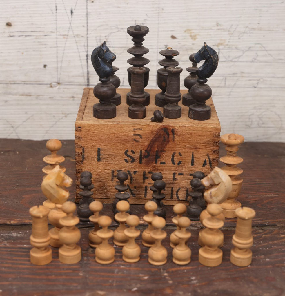 Lot 022 - Antique Handmade Wood Turned Chess Pieces, Complete Set, Note Damage To Black Queen And Black Pawn, Hand Carved Knights, Includes Wooden Box