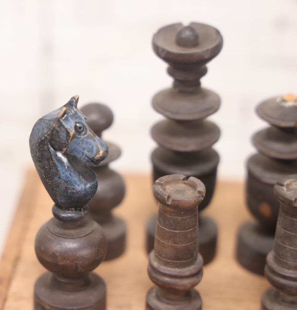 Lot 022 - Antique Handmade Wood Turned Chess Pieces, Complete Set, Note Damage To Black Queen And Black Pawn, Hand Carved Knights, Includes Wooden Box