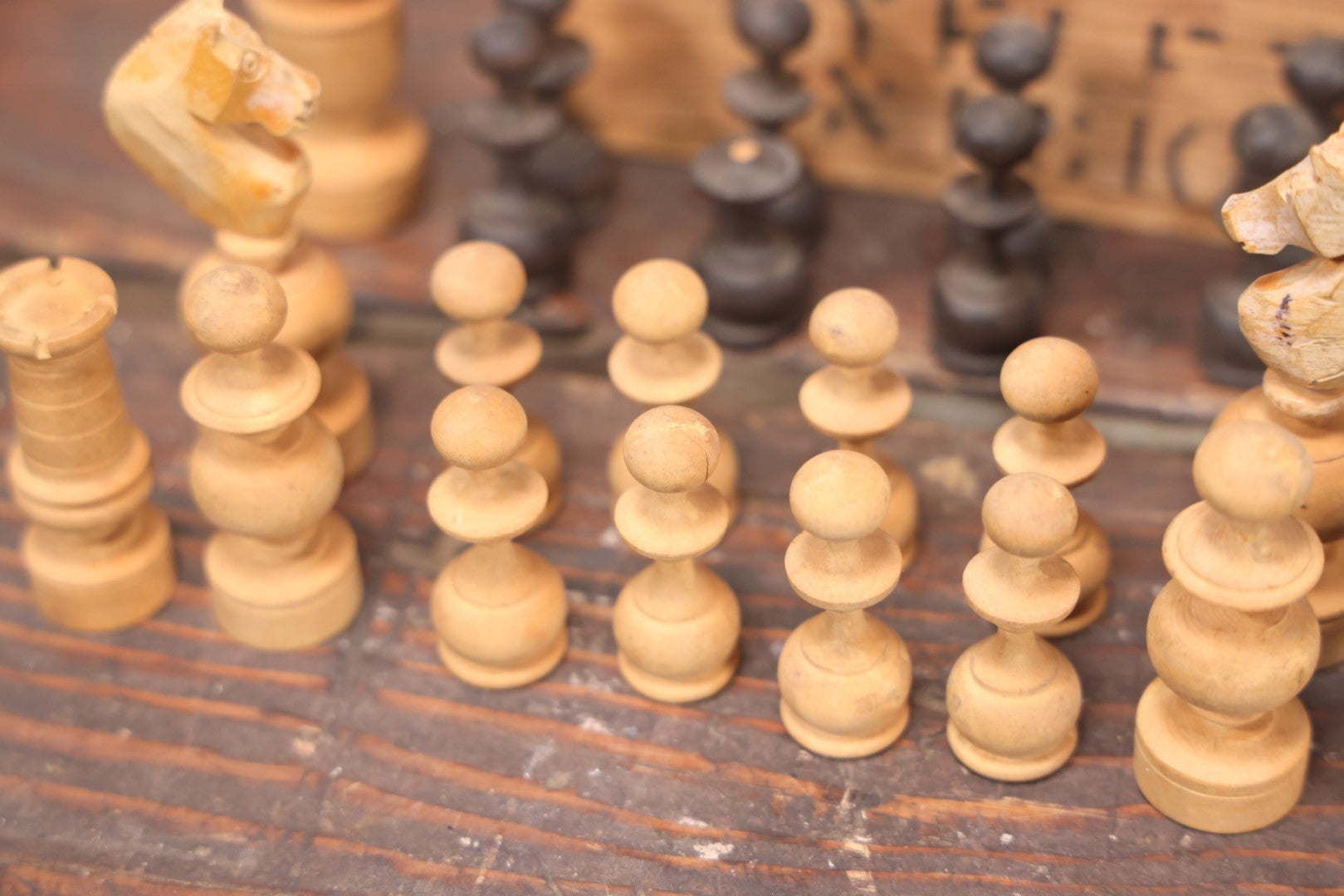 Lot 022 - Antique Handmade Wood Turned Chess Pieces, Complete Set, Note Damage To Black Queen And Black Pawn, Hand Carved Knights, Includes Wooden Box