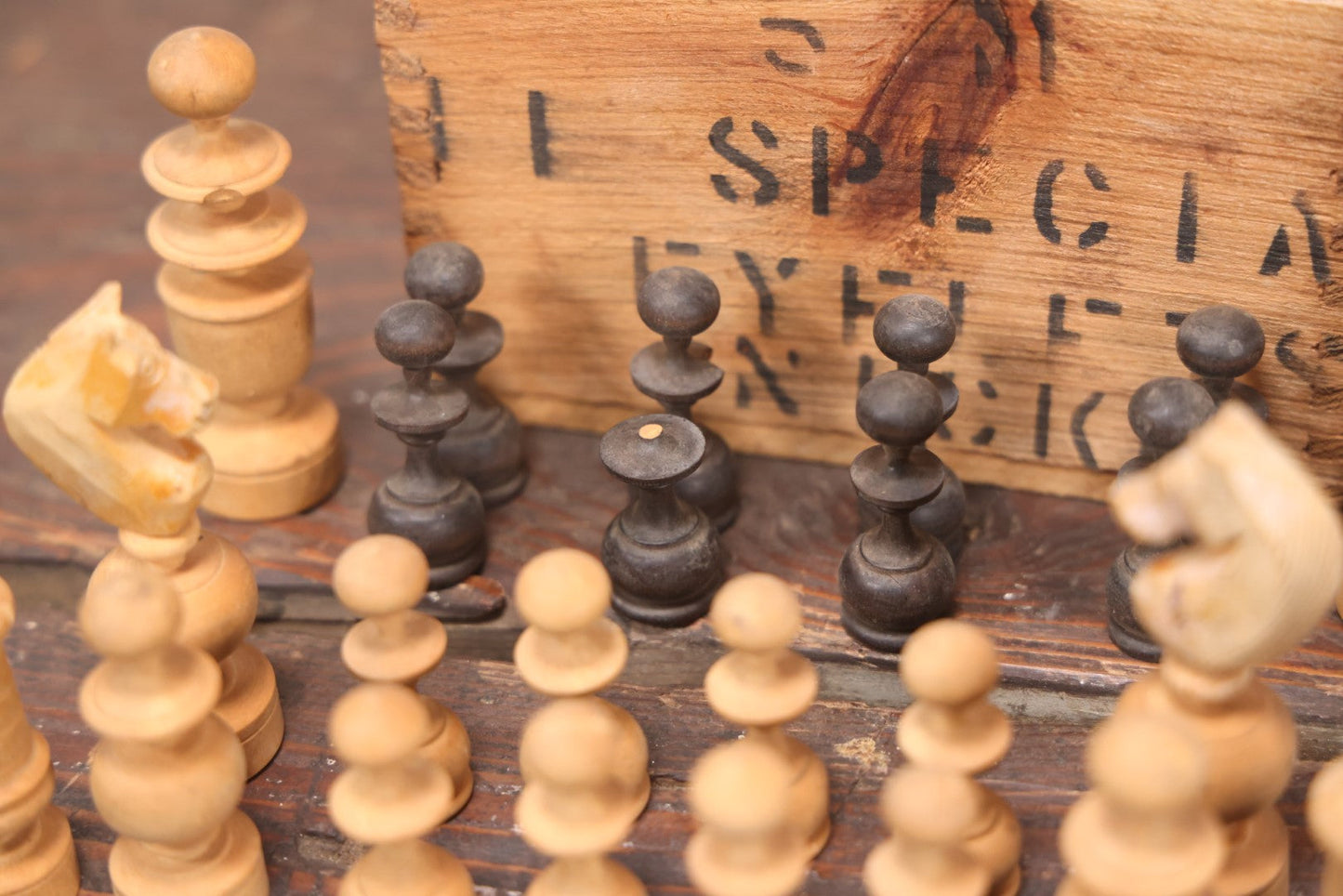 Lot 022 - Antique Handmade Wood Turned Chess Pieces, Complete Set, Note Damage To Black Queen And Black Pawn, Hand Carved Knights, Includes Wooden Box