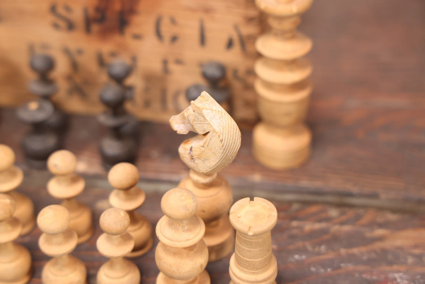 Lot 022 - Antique Handmade Wood Turned Chess Pieces, Complete Set, Note Damage To Black Queen And Black Pawn, Hand Carved Knights, Includes Wooden Box