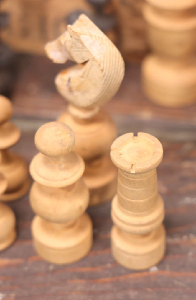 Lot 022 - Antique Handmade Wood Turned Chess Pieces, Complete Set, Note Damage To Black Queen And Black Pawn, Hand Carved Knights, Includes Wooden Box