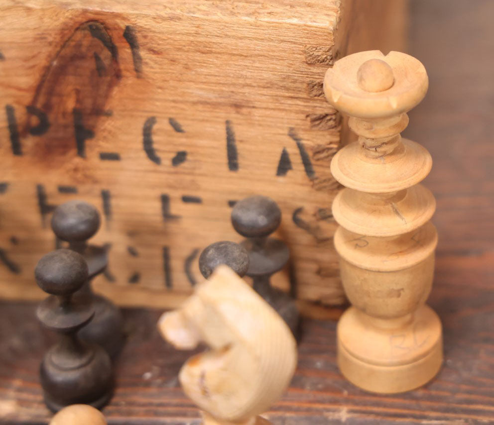 Lot 022 - Antique Handmade Wood Turned Chess Pieces, Complete Set, Note Damage To Black Queen And Black Pawn, Hand Carved Knights, Includes Wooden Box