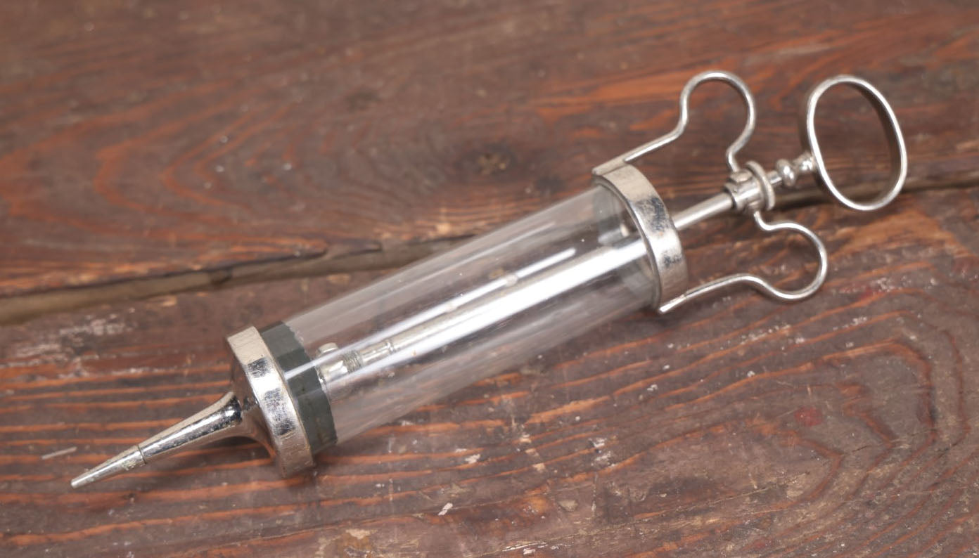 Lot 024 - Antique Glass And Metal Large 12" Medical Syringe, Marked Dewitt & Herz, Germany