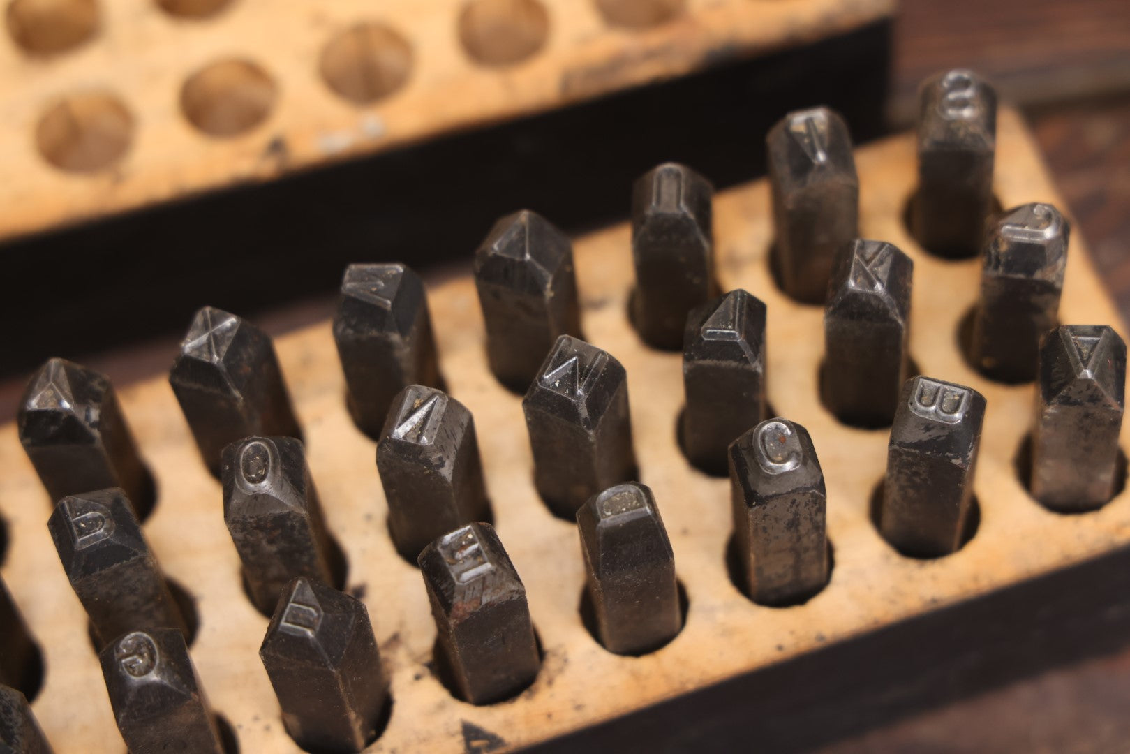 Lot 026 - Vintage Metal Punch 1/4" Letter Set, Complete Alphabet, Capital Letters, Plus Ampersand, In Custom Box