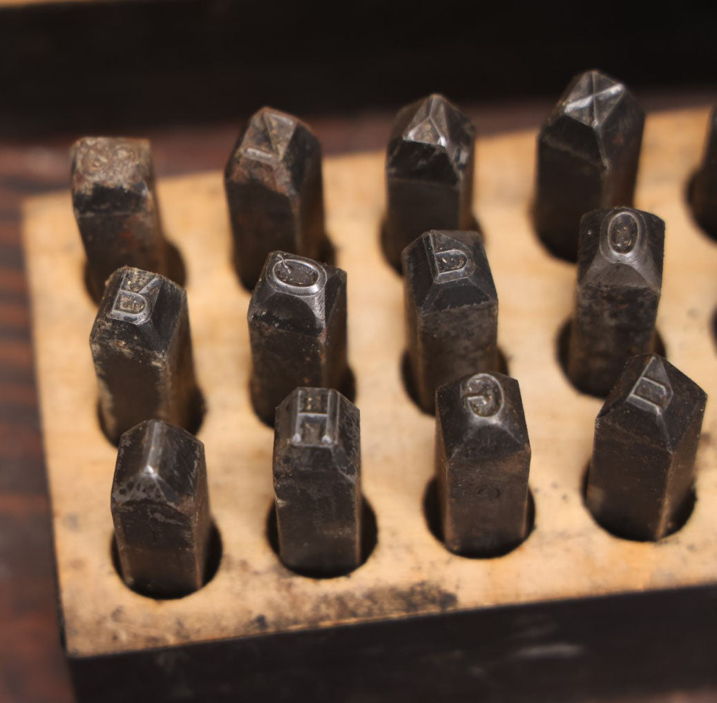 Lot 026 - Vintage Metal Punch 1/4" Letter Set, Complete Alphabet, Capital Letters, Plus Ampersand, In Custom Box