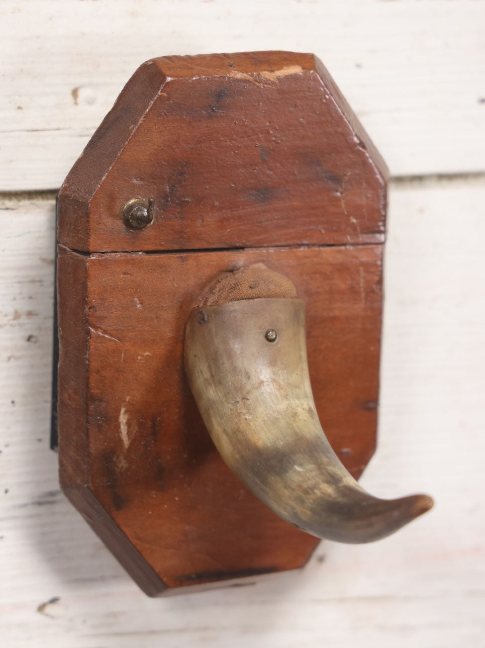 Lot 028 - Antique Real Goat Horn Wall Pocket Pin Cushion Hook With Tin Box On Back, Wooden Frame