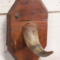 Lot 028 - Antique Real Goat Horn Wall Pocket Pin Cushion Hook With Tin Box On Back, Wooden Frame