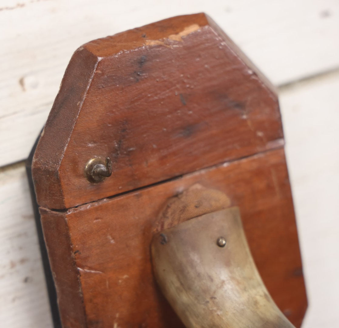 Lot 028 - Antique Real Goat Horn Wall Pocket Pin Cushion Hook With Tin Box On Back, Wooden Frame