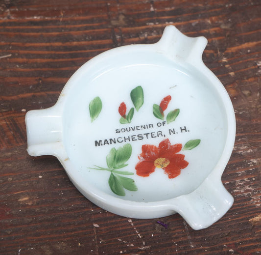 Lot 030 - Antique Hand Painted Milk Glass Ashtray Souvenir Of Manchester, New Hampshire, With Painted Flowers