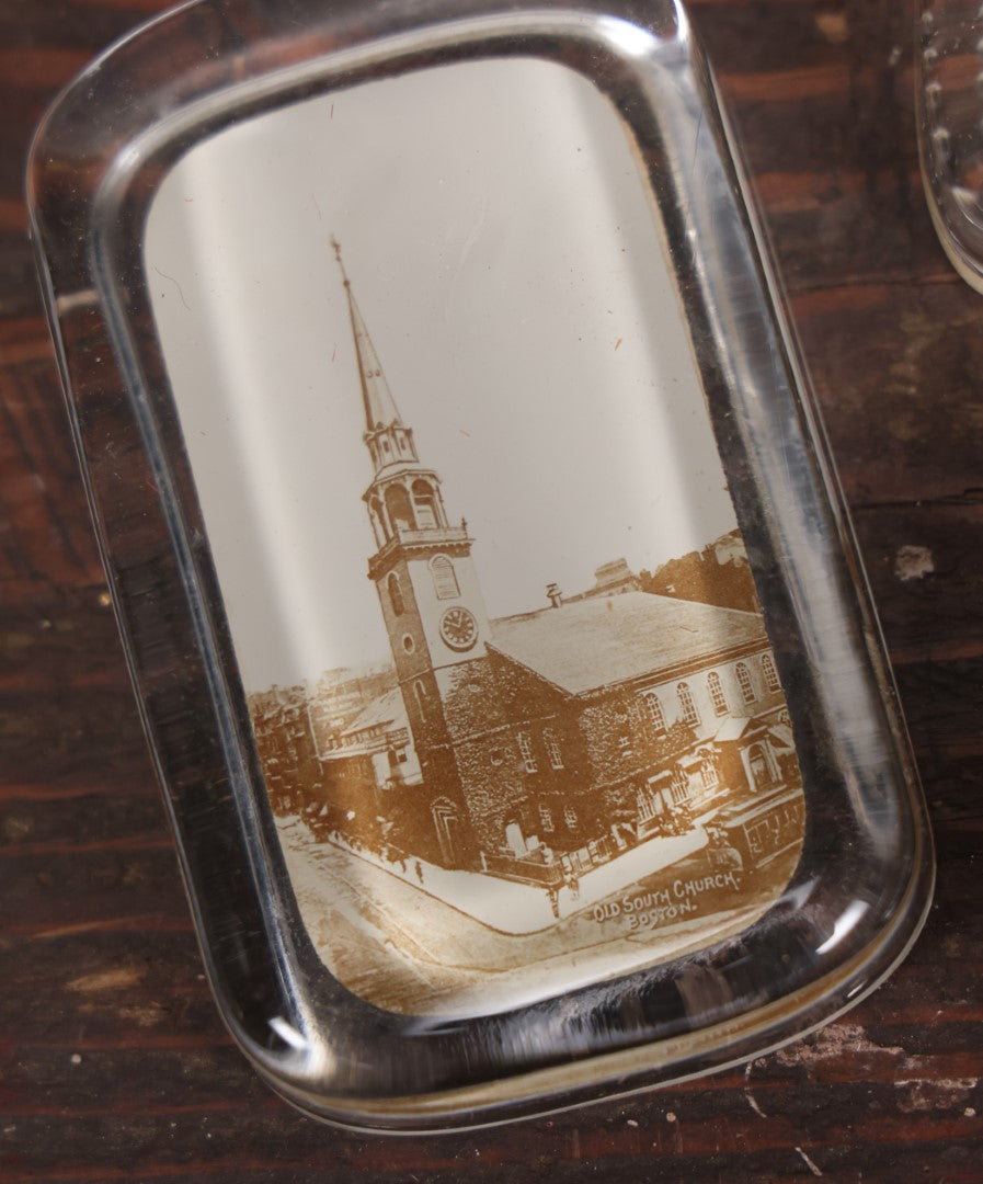 Lot 033 - Grouping Of Three Antique Glass Photo Souvenir Paperweights, Old South Church, Boston, East Rock Monument, New Haven, Connecticut, And Temple Music, Pan-American Exposition