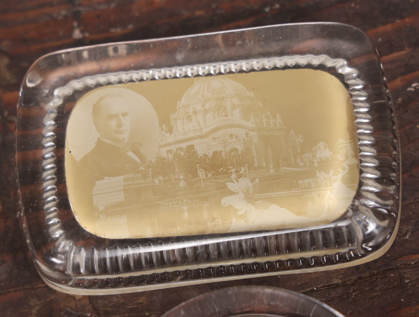 Lot 033 - Grouping Of Three Antique Glass Photo Souvenir Paperweights, Old South Church, Boston, East Rock Monument, New Haven, Connecticut, And Temple Music, Pan-American Exposition