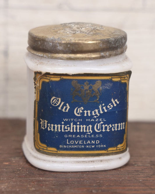 Lot 037 - Antique Old English Witch Hazel Greaseless Vanishing Cream Milk Glass Jar With Lid, Binghamton, New York, Hazel Atlas Jar Maker