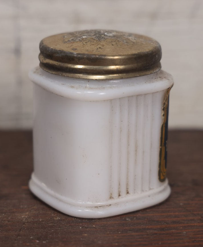 Lot 037 - Antique Old English Witch Hazel Greaseless Vanishing Cream Milk Glass Jar With Lid, Binghamton, New York, Hazel Atlas Jar Maker