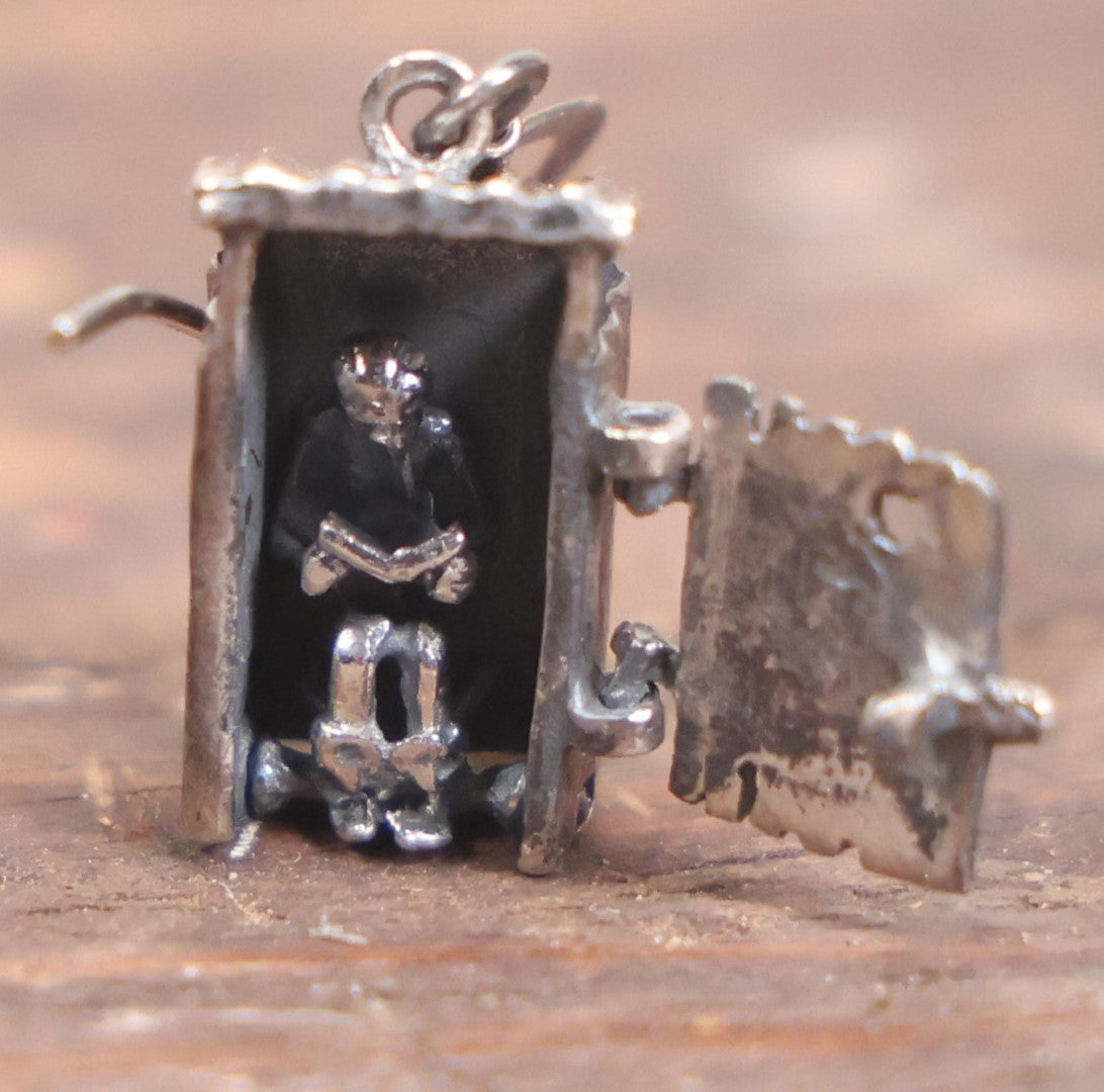 Lot 038 - Pair Of Vintage Sterling Silver Man On Toilet Articulated Outhouse Novelty Earrings, Marked 925